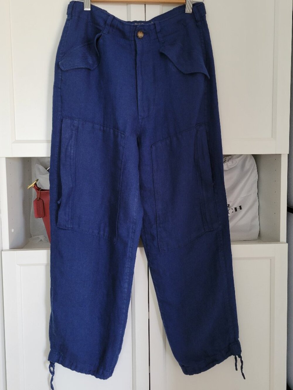 Y2K Vintage Polo Ralph Lauren Pants Blue Utility Pocket Workwear 100% Linen - Picture 2 of 13